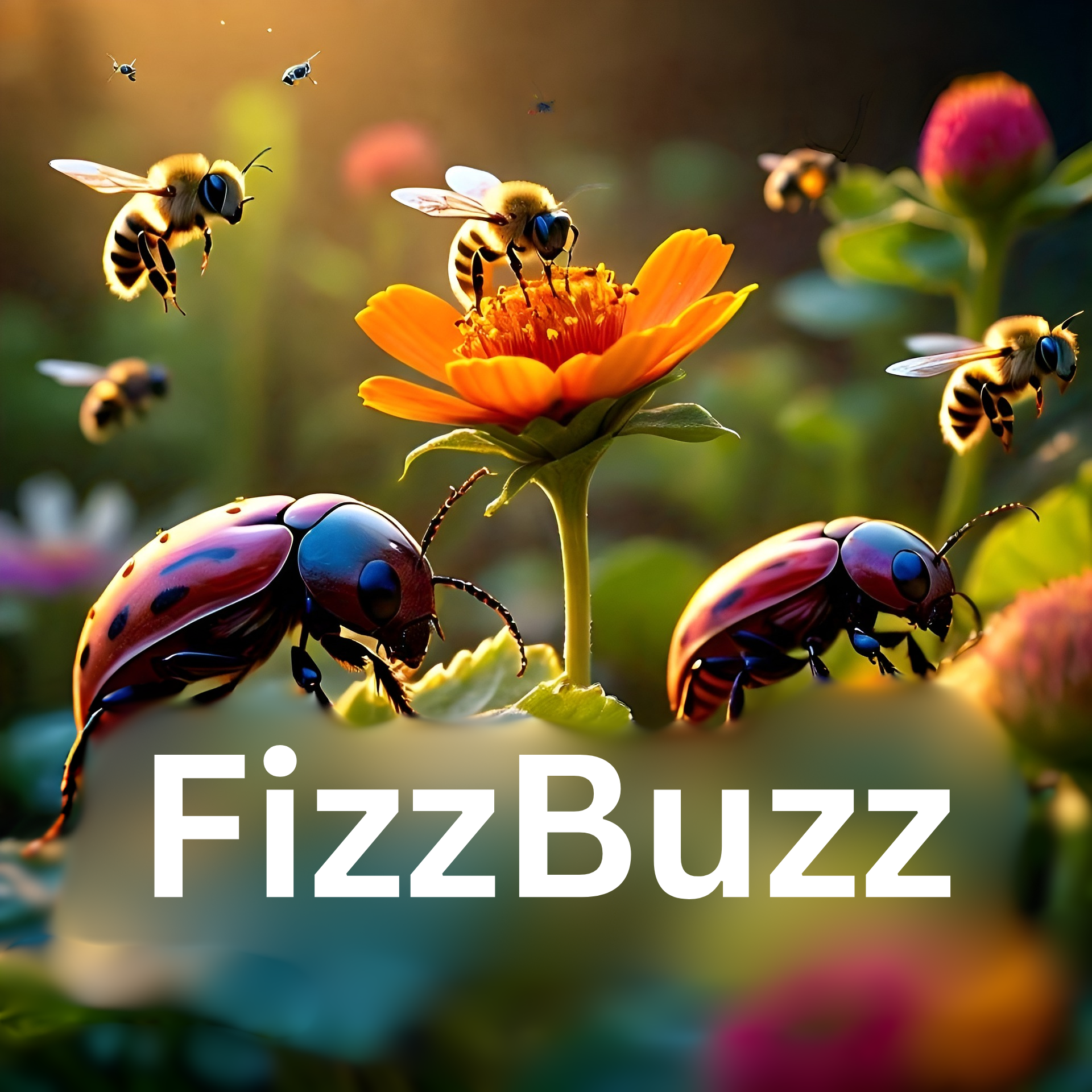 FizzBuzz Logo: Bees and ladybugs swarm around colorful flowers